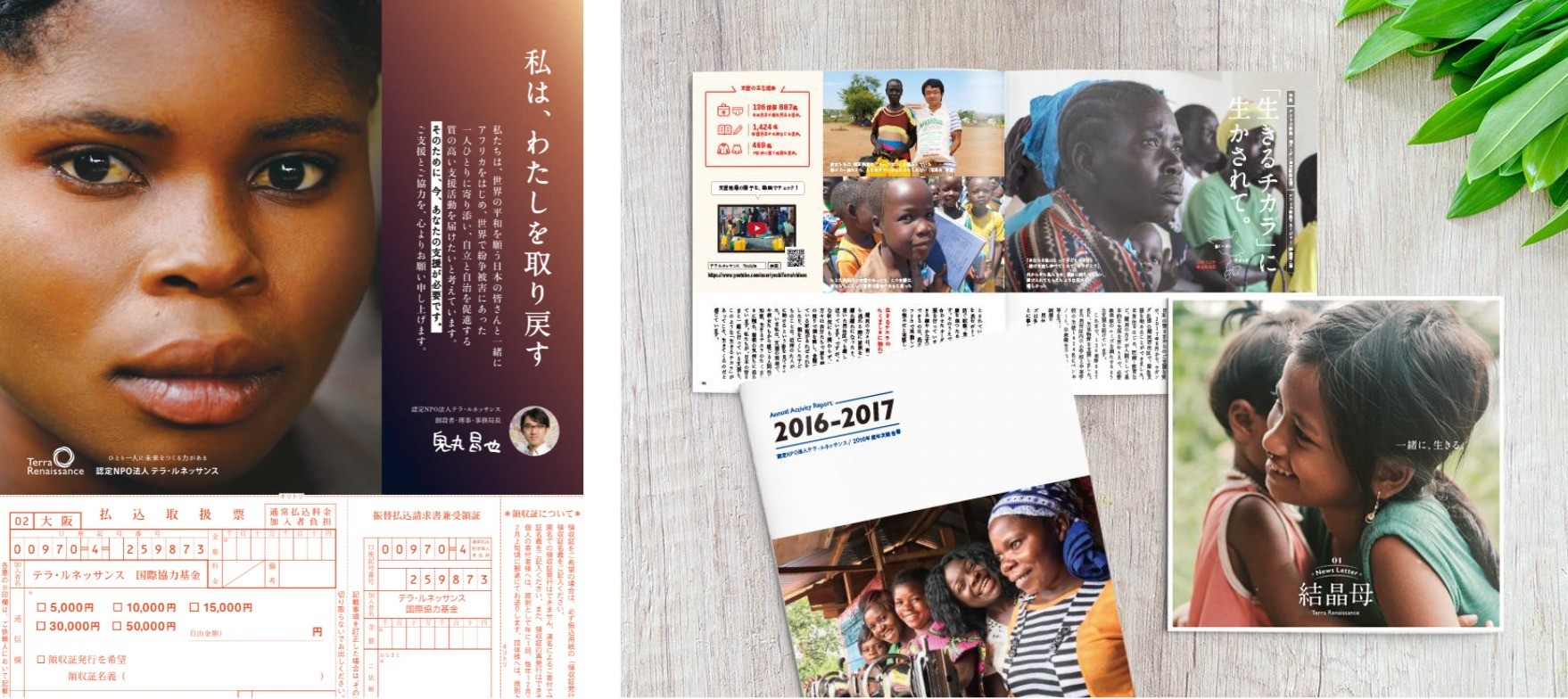 寄付チラシ、活動報告書 寄付チラシ、活動報告書